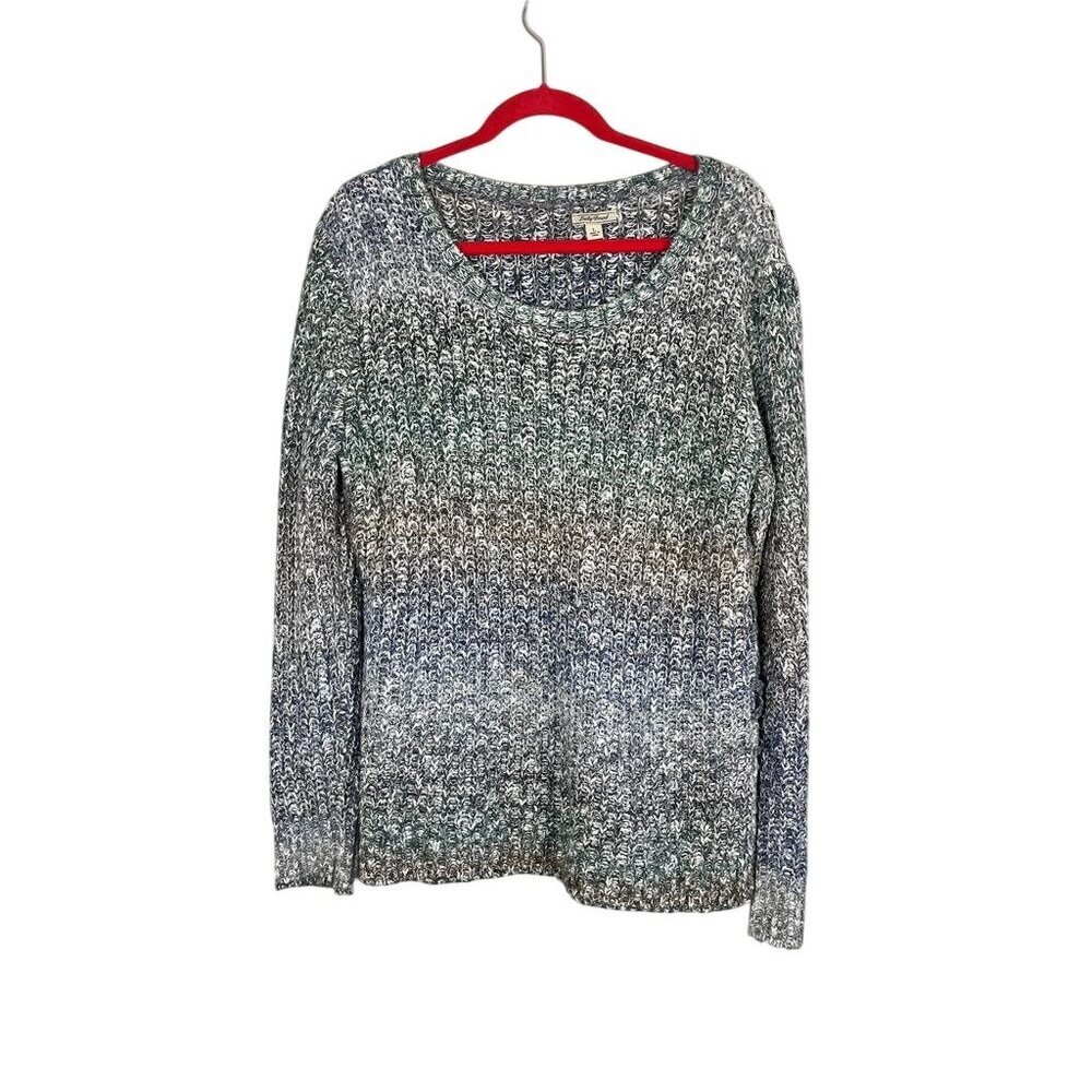 Lucky Brand Cable Knit Sweater Blue L Preppy Classic Retro Ombre Lace Up Striped